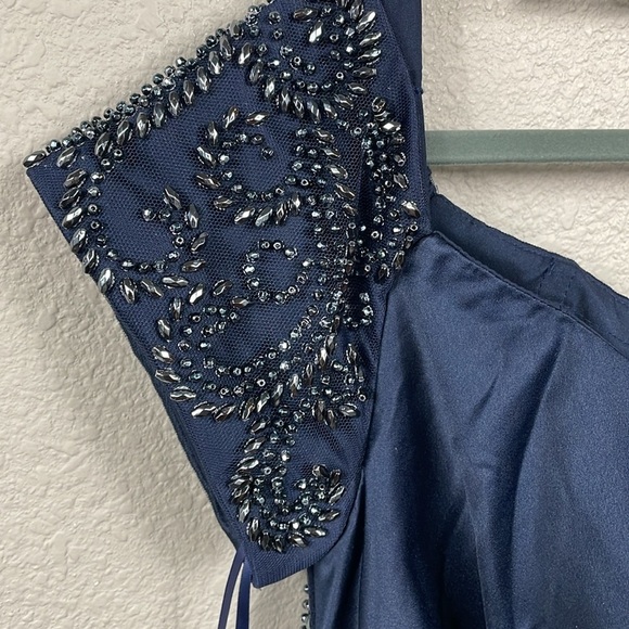 New La Femme Navy Beaded Off the Shoulder Sweetheart Ruched Satin Mermaid Gown - Picture 6 of 13